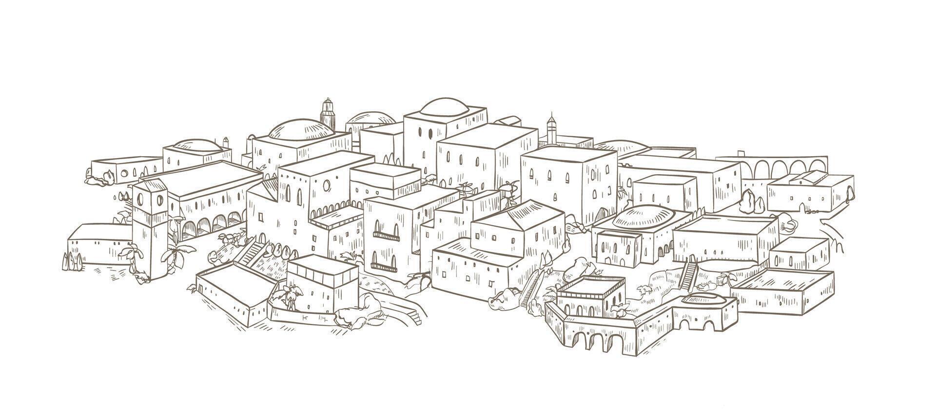 Ancient city with old buildings of oriental architecture hand drawn with contour lines on white background. Monochrome drawing of Jerusalem or Baghdad. Beautiful cityscape. illustration vector