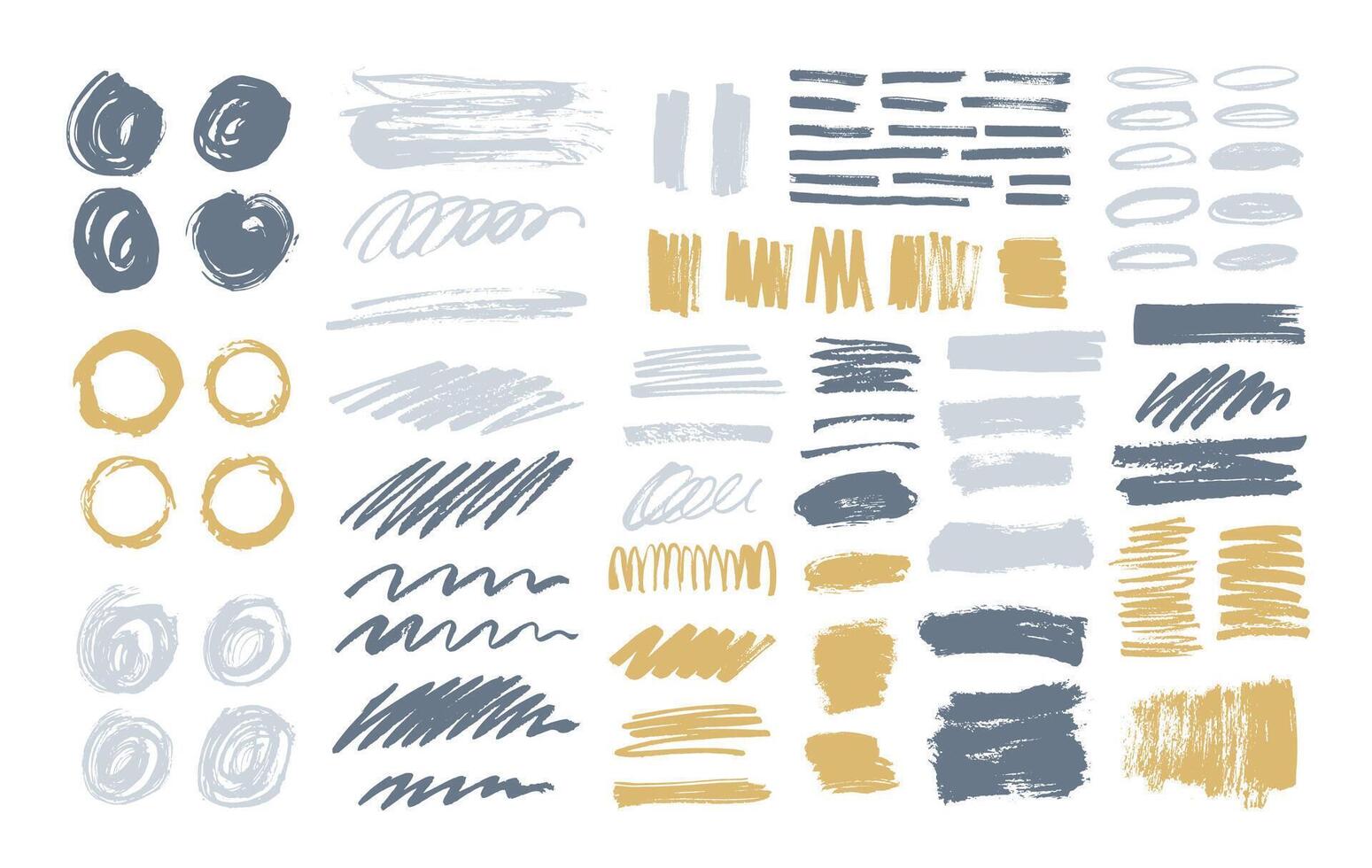 Bundle of colorful brush strokes, paint traces, smudges, smears, stains, scribble isolated on white background. Set of grey and yellow hand drawn design elements. Artistic illustration vector