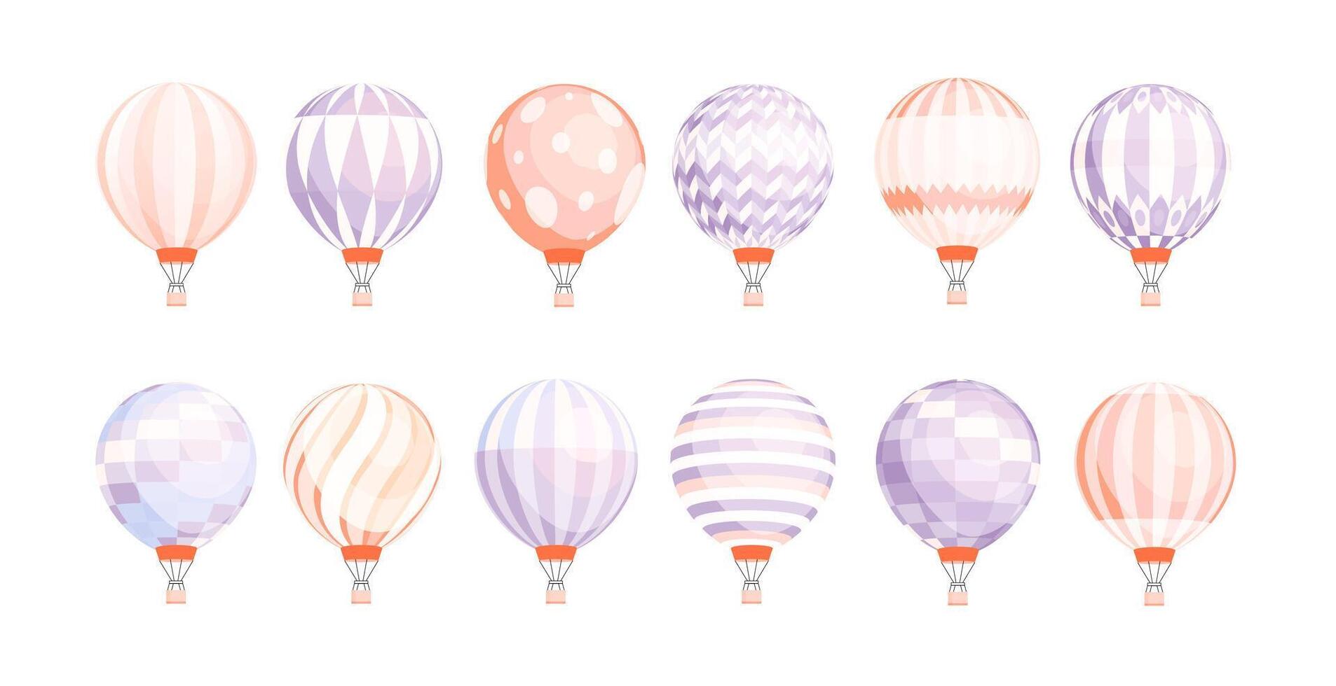 Bundle of round hot air balloons of different texture and color isolated on white background. Set of pastel colored manned flying aircrafts. Colorful illustration in flat cartoon style vector