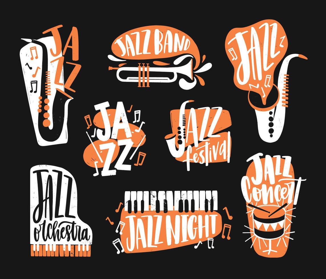 Set of jazz music lettering handwritten with calligraphic font and decorated with various musical instruments isolated on black background - piano, drums, sax, trumpet. Creative illustration vector