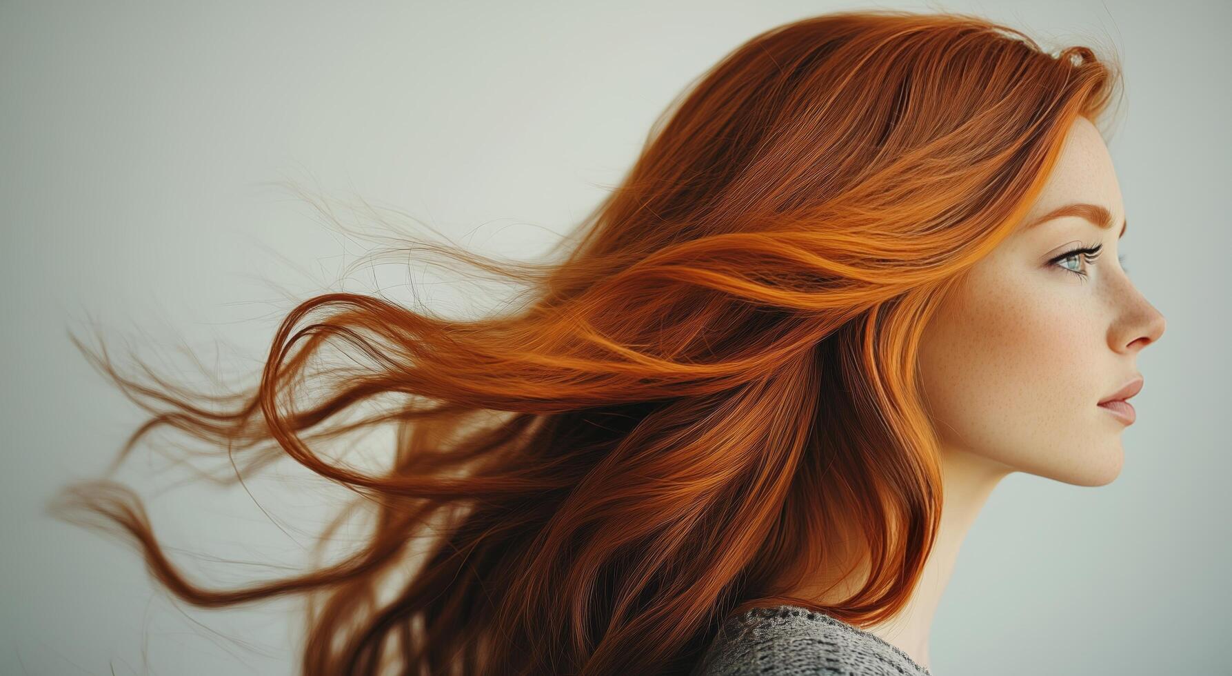 Woman with flowing red hair poses against neutral background in artistic portrait photo