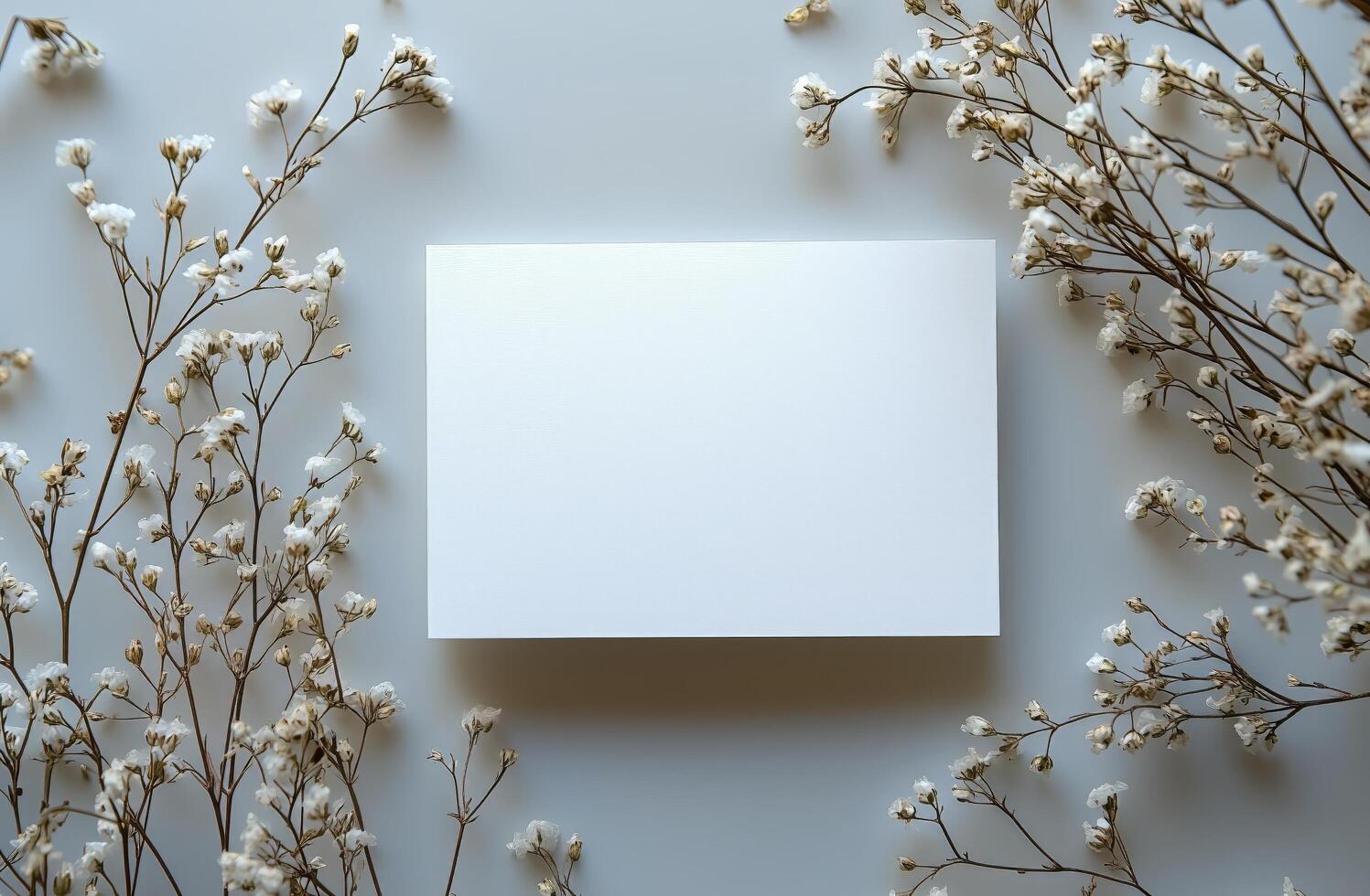 Blank card surrounded by delicate white flowers on a neutral background photo
