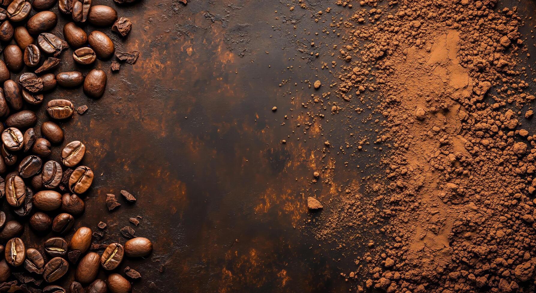 Rich coffee beans and ground powder arranged on a dark surface for brewing or baking purposes photo