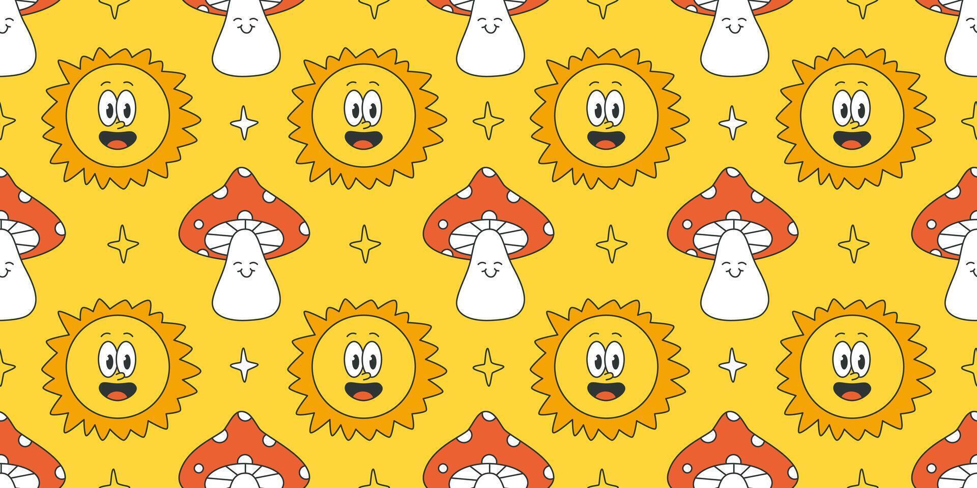 Groovy seamless pattern with 70s, 80s, 90s vibes trendy elements. Retro flowers and mushrooms background. Vintage psychedelic background for design and print. vector