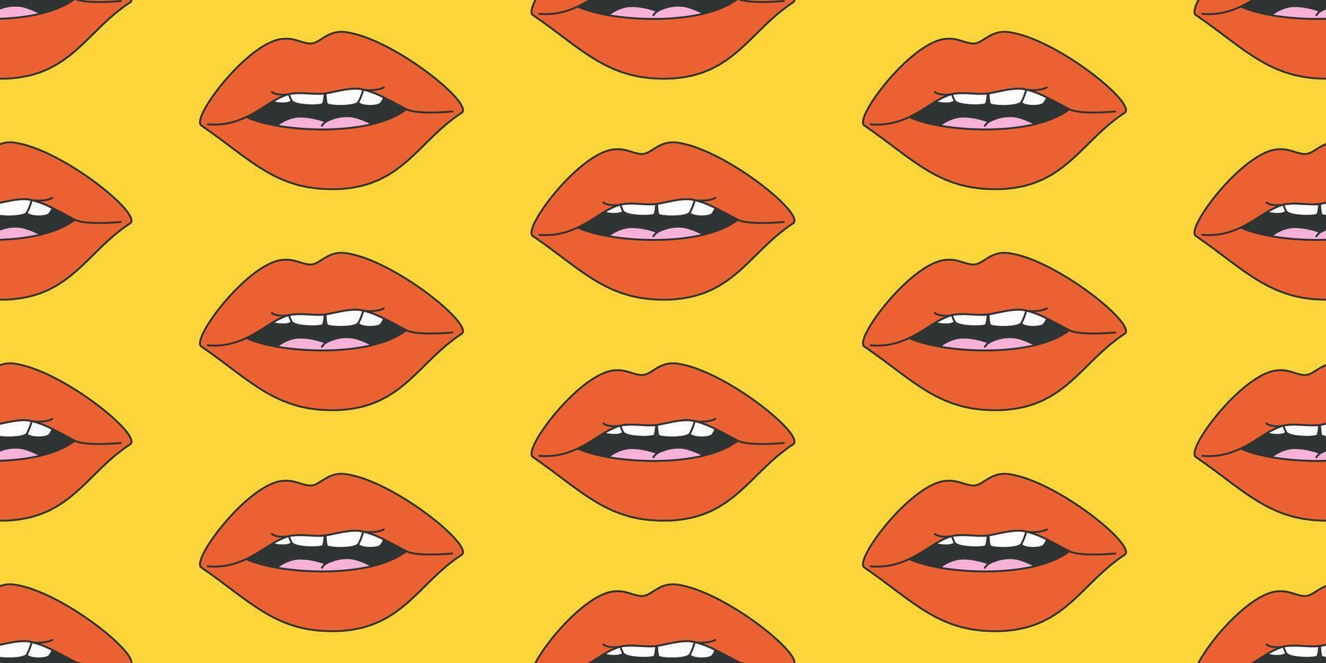 Trendy retro seamless pattern with 70s, 80s, 90s vibes groovy Lips. Vintage psychedelic background for design and print. vector