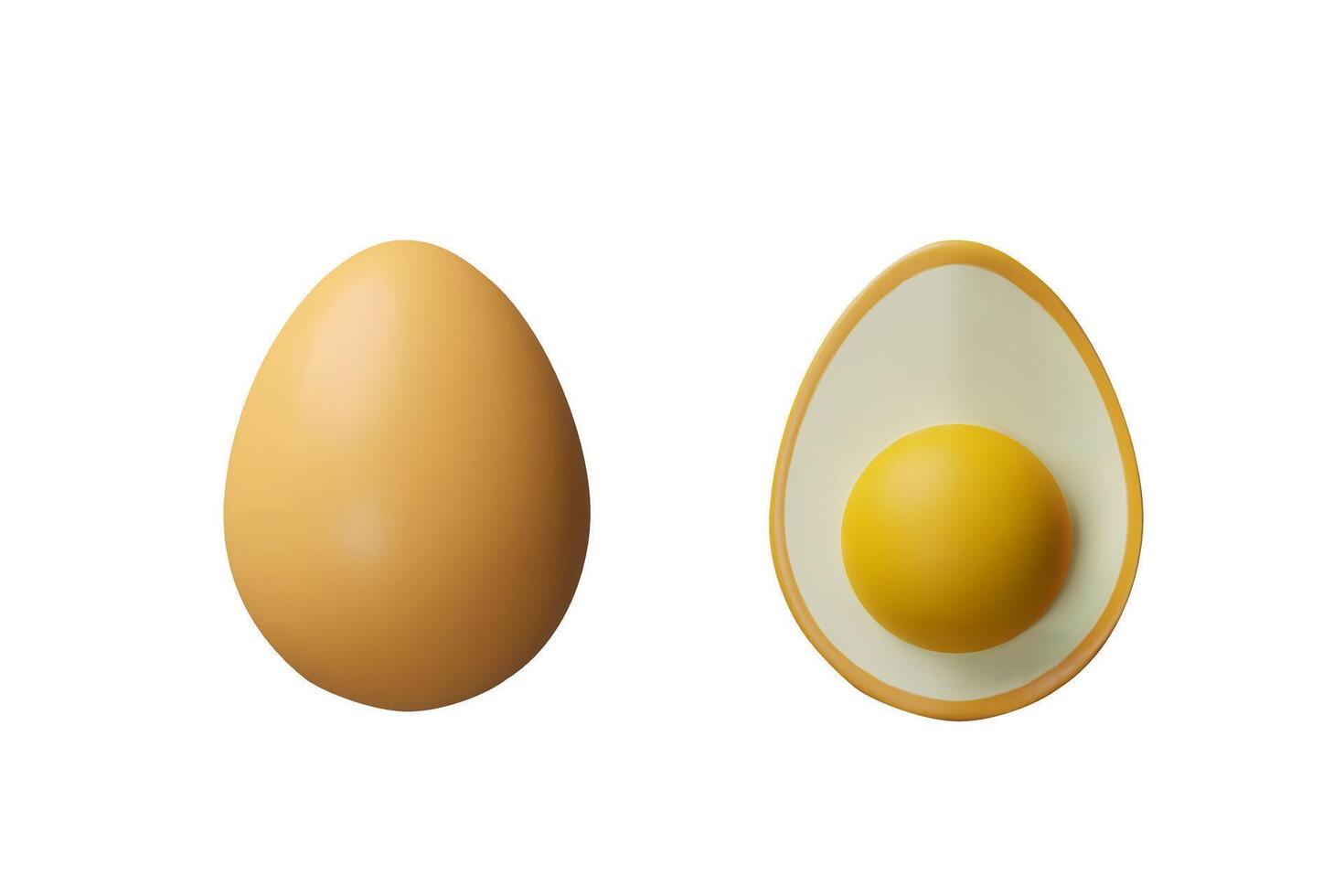 3d render set egg. Three-dimensional illustration of hen eggshell and yolk. Easter egg meal decoration. Nature ingredient of protein and fats for breakfast or lunch. Healthy eating concept vector