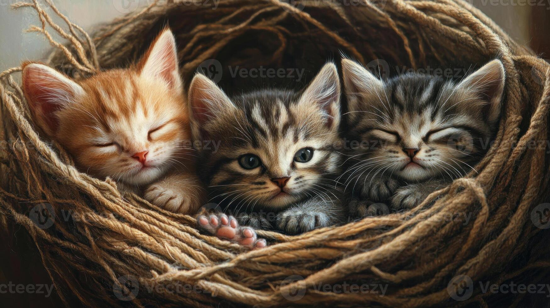 Three Kittens Napping in a Nest of Twine photo