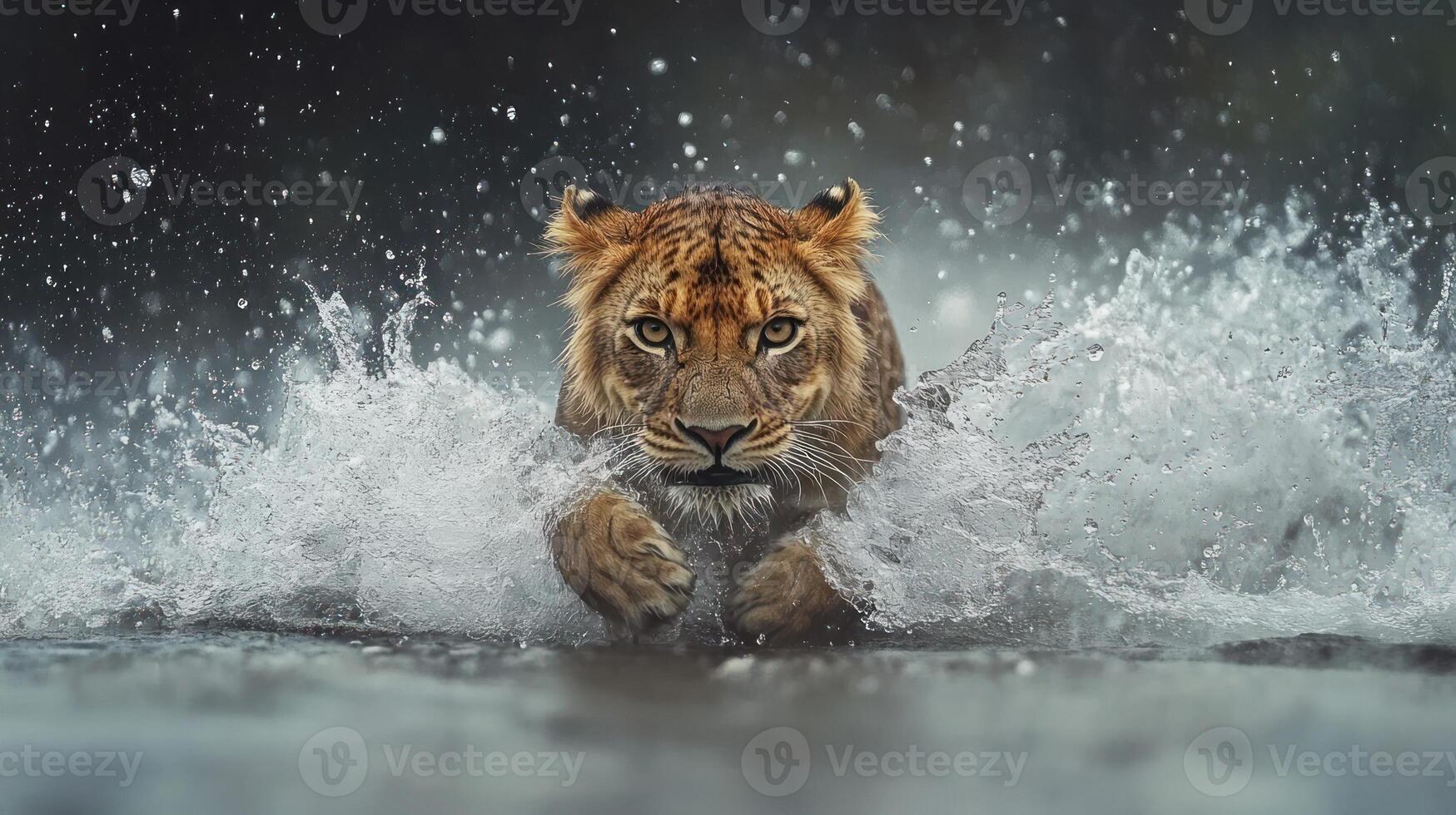 Lion Cub Emerging from Water with Splashing Waves photo