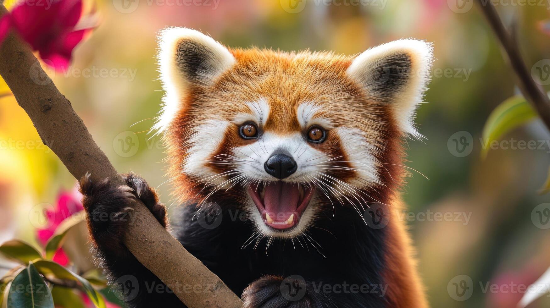 A Red Panda With Its Mouth Open Looking Up At The Camera photo