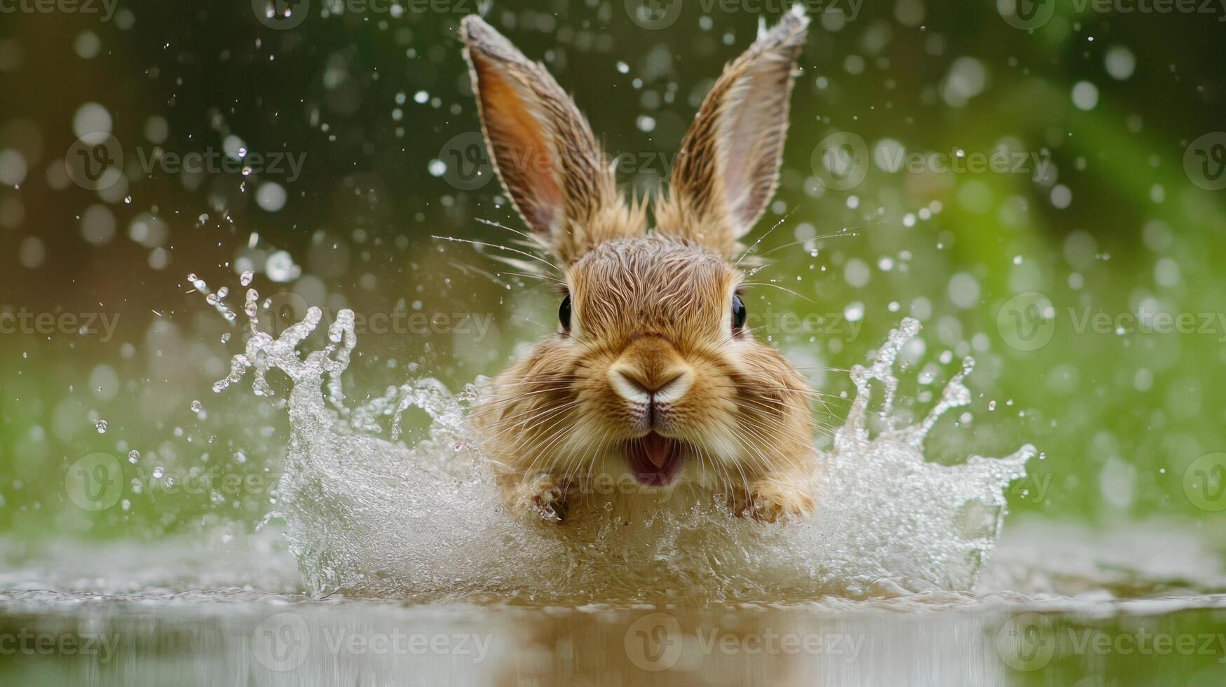 Brown rabbit jumping out of water with splash photo