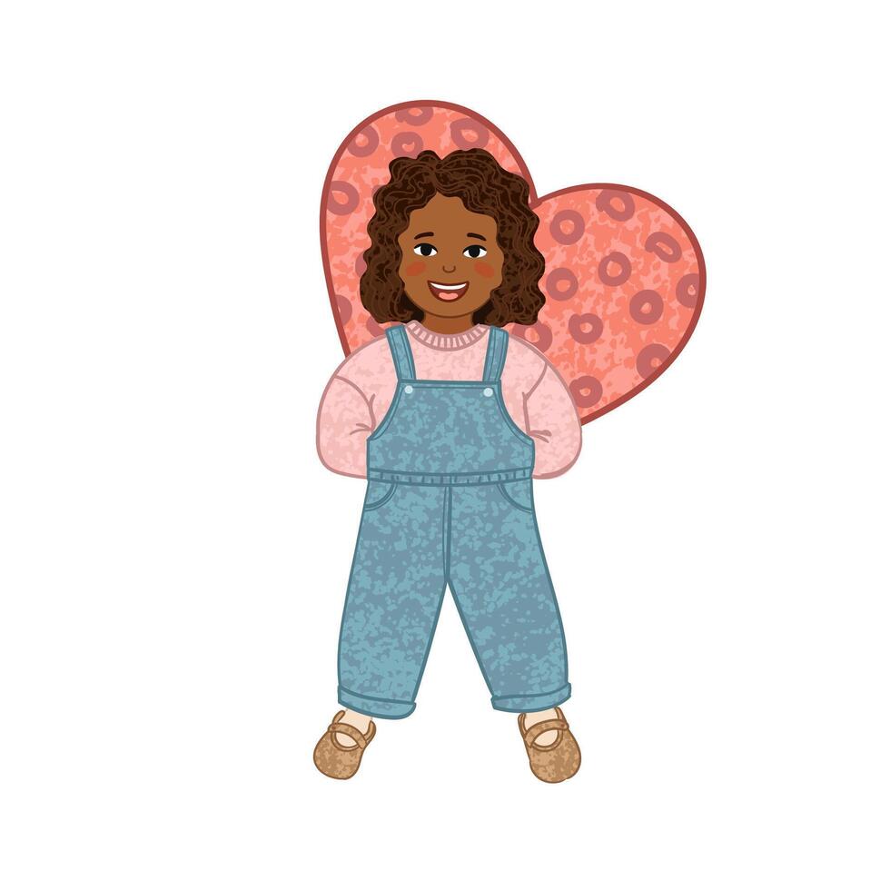 Colorful Illustration of Little Girl Holds a Heart-Shaped Picture Behind Her Back Isolated on White Background vector