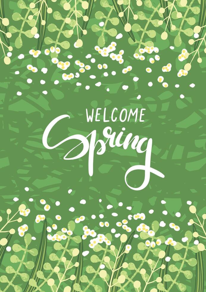 Hand Drawn Lettering - Welcome Spring on Green Floral Background vector