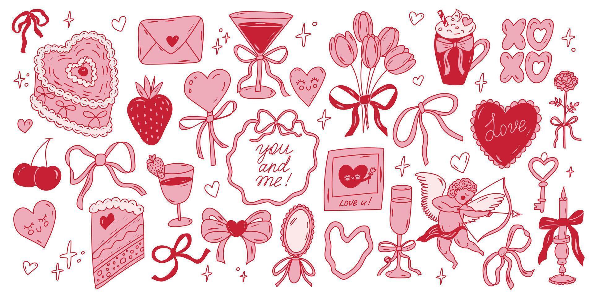 Cute romantic doodles featuring hearts, flowers, and love symbols for celebration of affection vector
