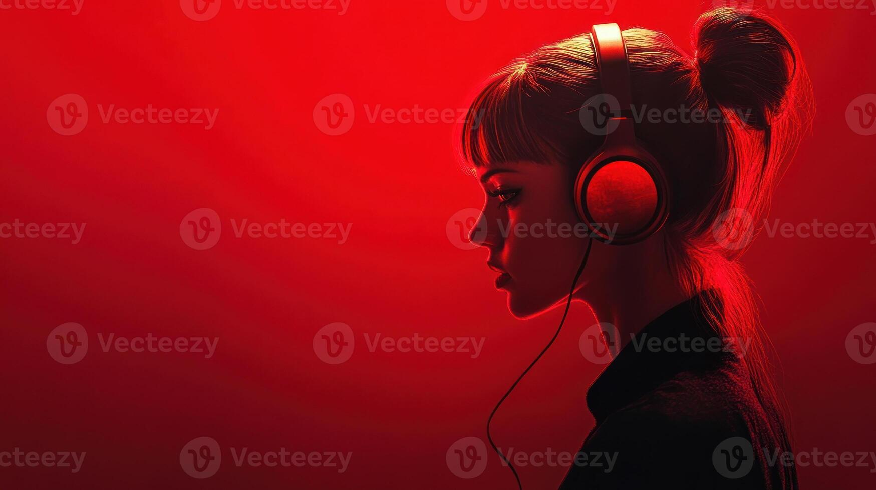 A Woman in Red Light Listening to Music with Headphones photo