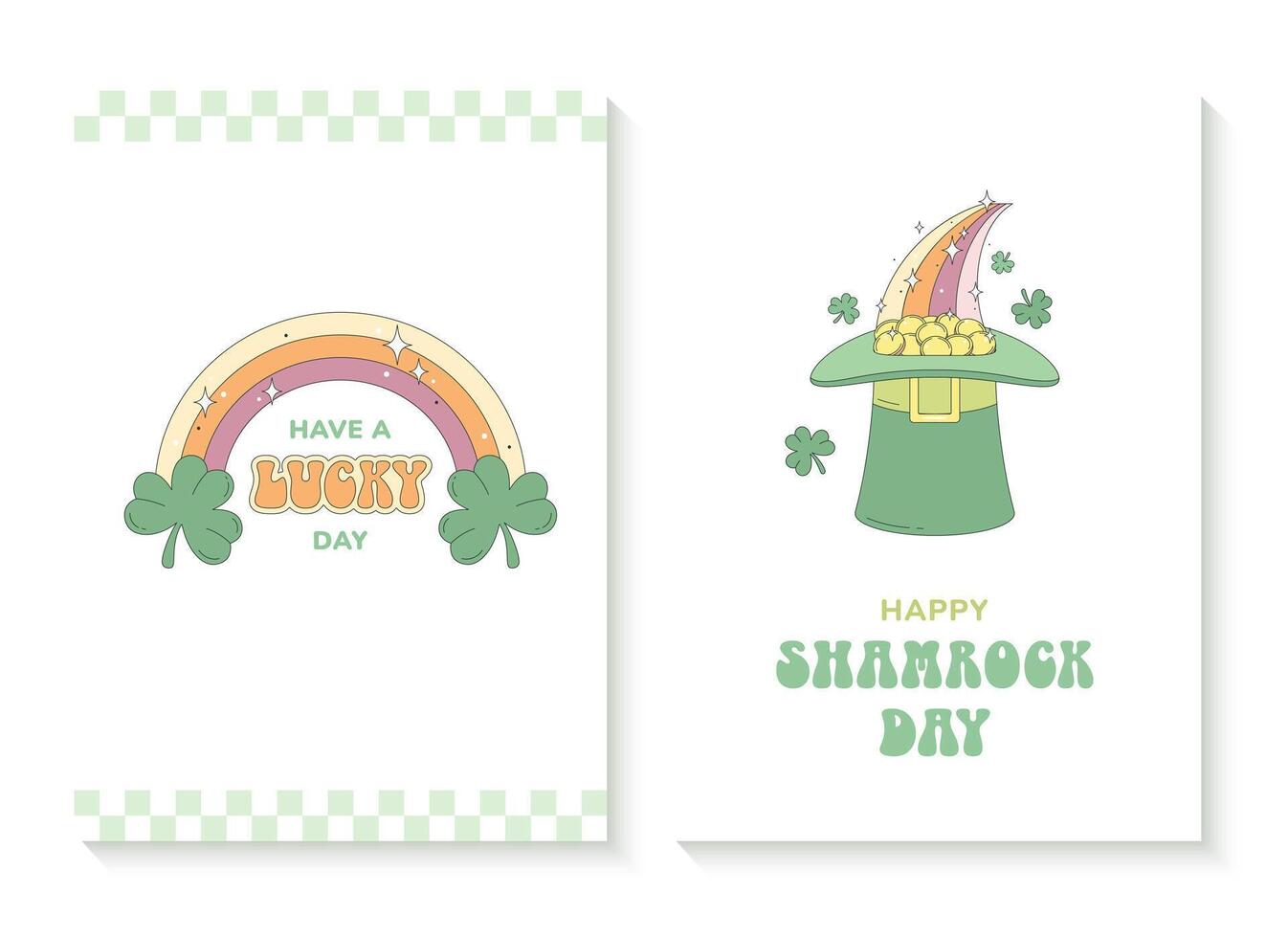 St Patrick's Day cards in retro groovy style. Leprechaun hat full of gold coins, rainbow with shamrocks. vector