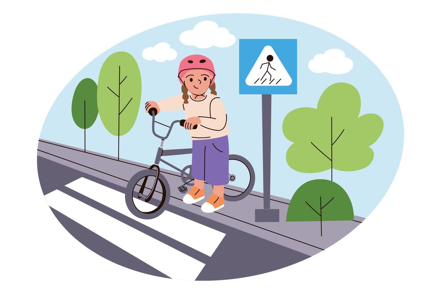 illustration of girl with bike at pedestrian crossing. Cartoon child wearing helmet, traffic sign nearby. Road safety, cycling, outdoor activity, healthy lifestyle flat composition vector
