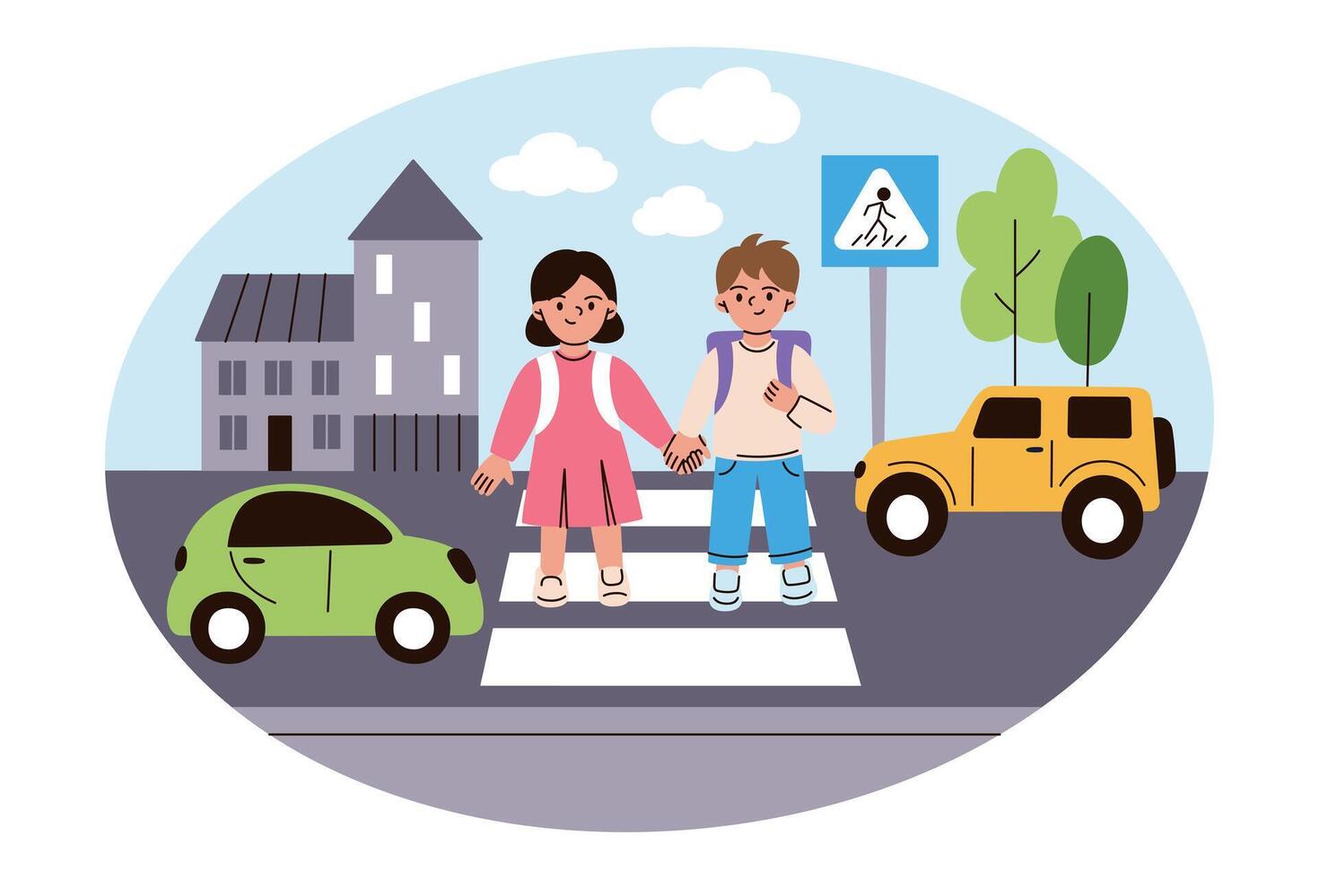 illustration of children crossing street on pedestrian cross. Boy and girl holding hands, cars stopping at traffic lights, city background, pedestrian sign, road safety, education composition vector
