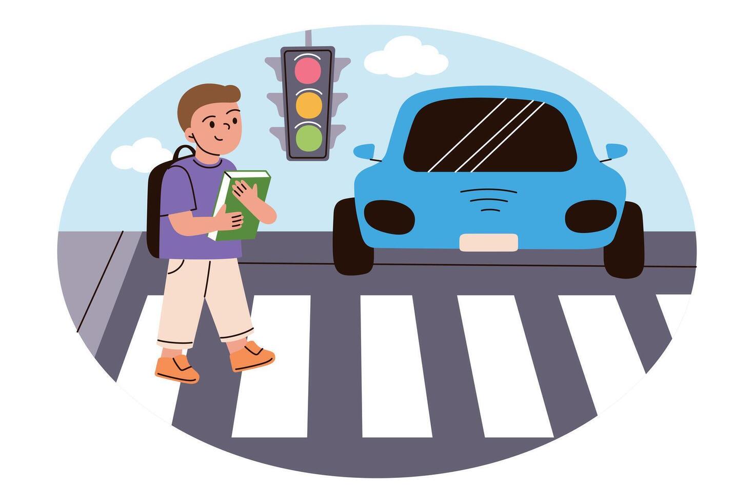 illustration of boy crossing pedestrian crosswalk with car and traffic lights. Flat cartoon character, child going to school with book in hands, road safety and awareness for children vector