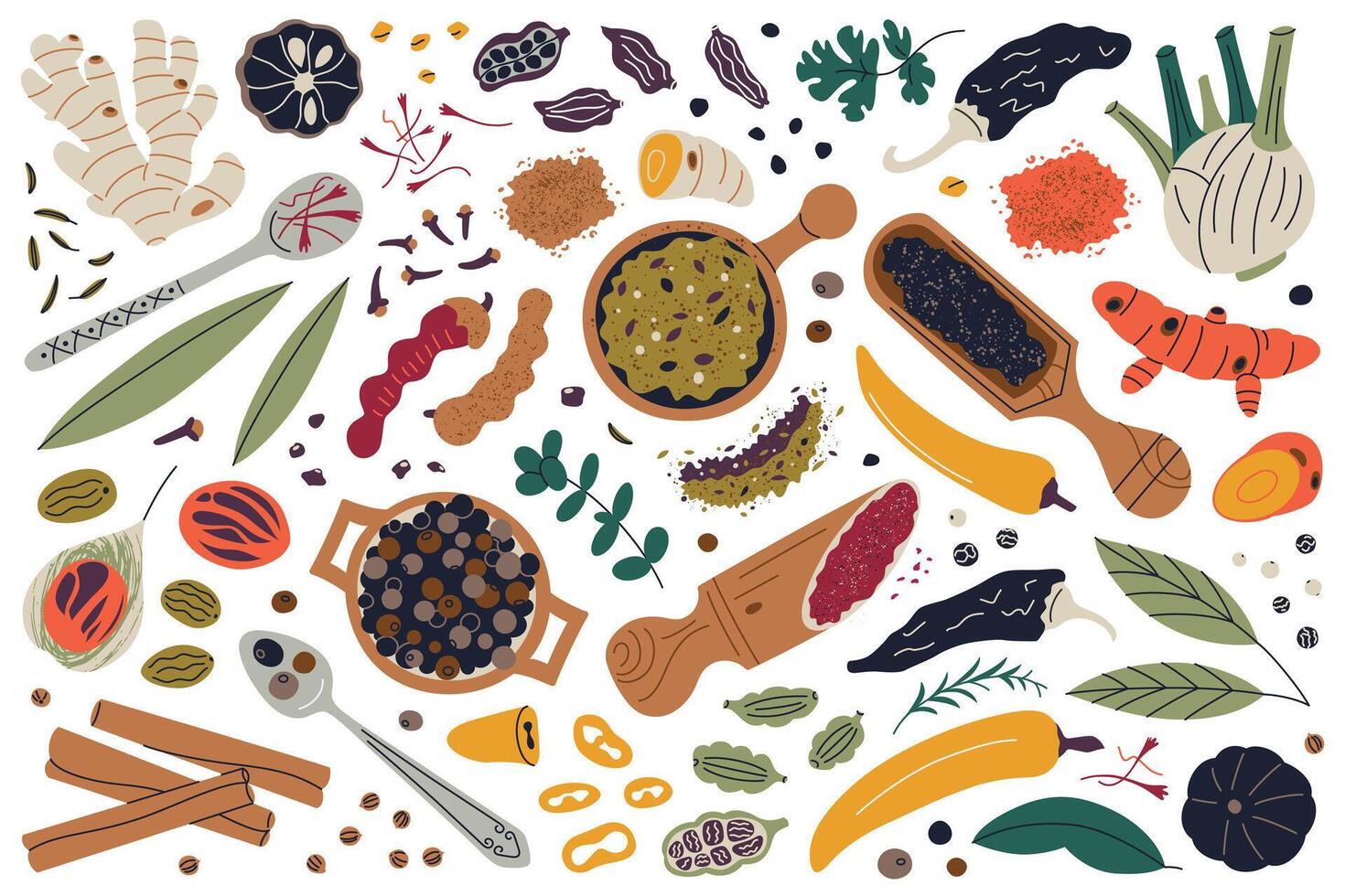 Vibrant spices illustrations set, various herbs, seeds, and seasonings like turmeric, ginger, cinnamon in wooden spoons and bowls. Doodle collection for culinary, cooking, and food themes vector