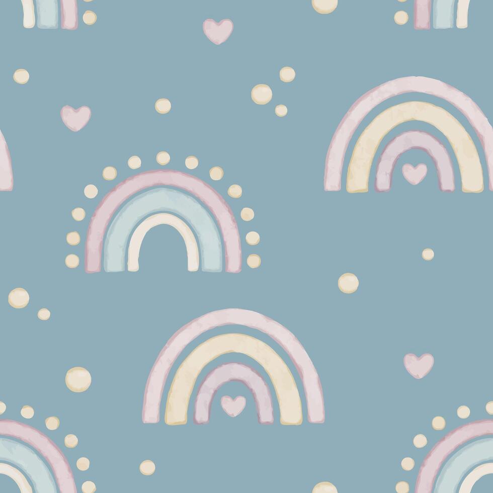 Seamless watercolor pattern with Rainbows, hearts and dots on pastel pale blue background. Illustration of backdrop for nursery, kids designs, wrapping paper, or baby wallpaper. vector