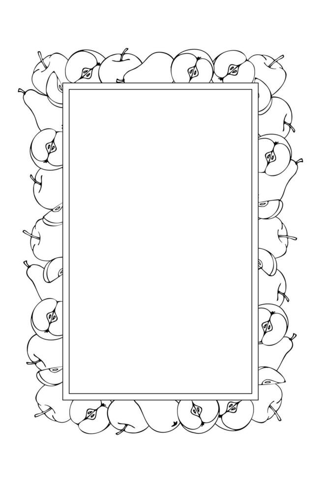 vertical frame of black and white apples and pears, hand drawn in cartoon style. Outline drawing. vector