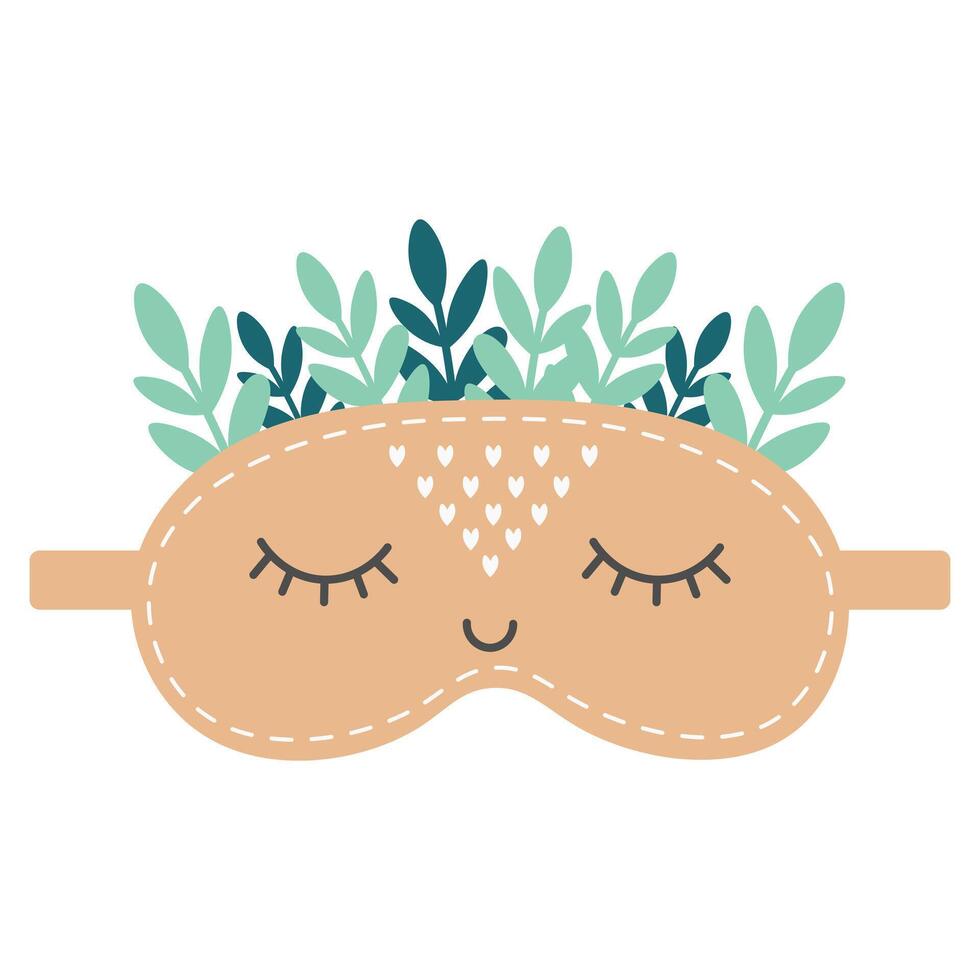 Cute sleep mask with green leaf. Eye mask. Night rest accessory. Flat illustration vector