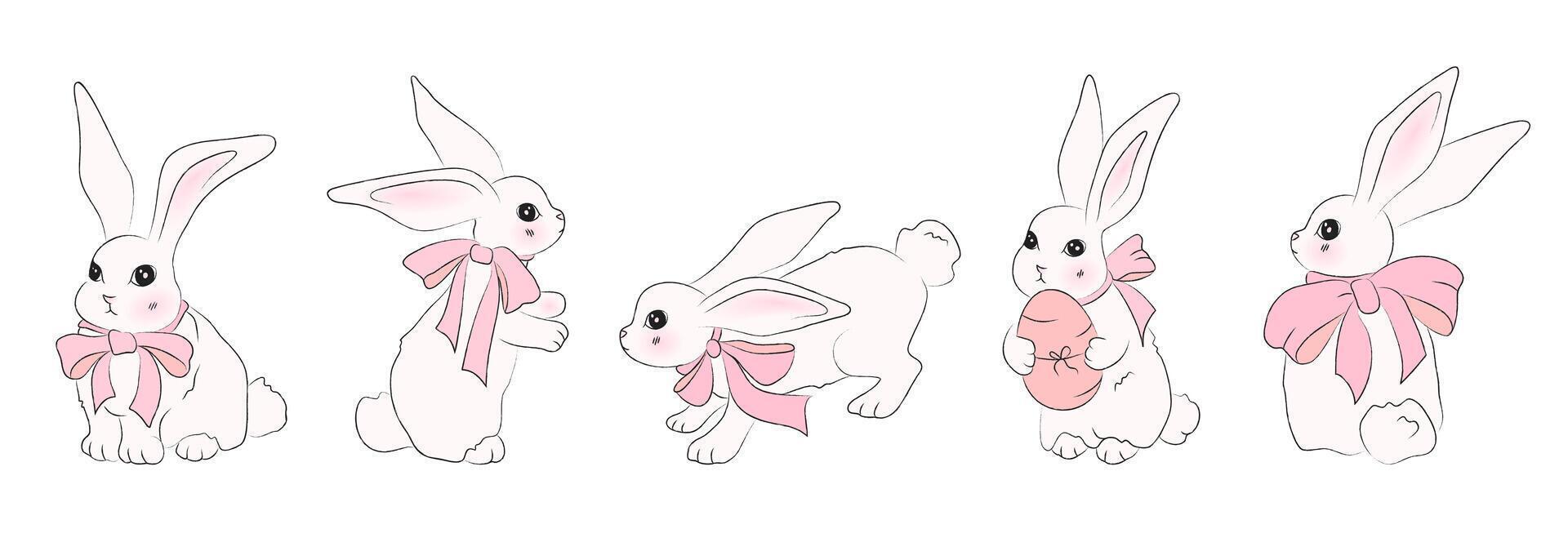 Set of hand drawn white bunnies with pink bows in various poses, sitting, standing, holding an Easter egg. Cute sketchy style rabbits, outline illustration for easter designs, greeting cards, prints. vector