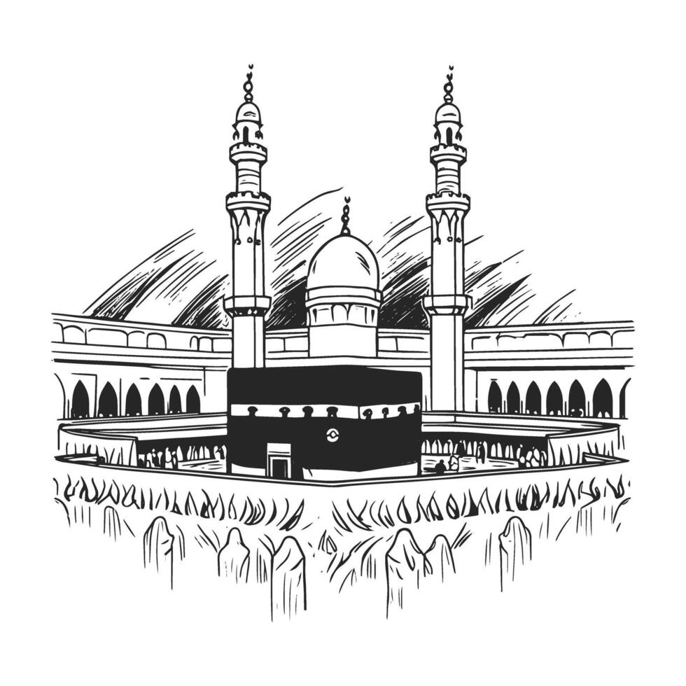 Holy Kaaba in Mecca Saudi Arabia, Hand Drawn Sketch design illustration. vector
