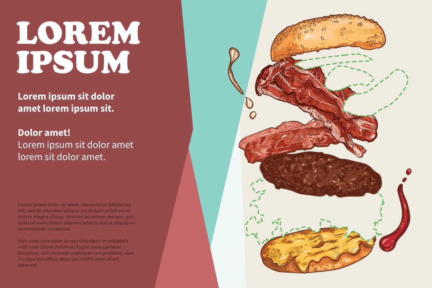 Line art hand drawn burger poster design. Ingredients are grouped separate. Bun, cucumber, bacon, beef, meat, lettuce, cheese sauce. vector