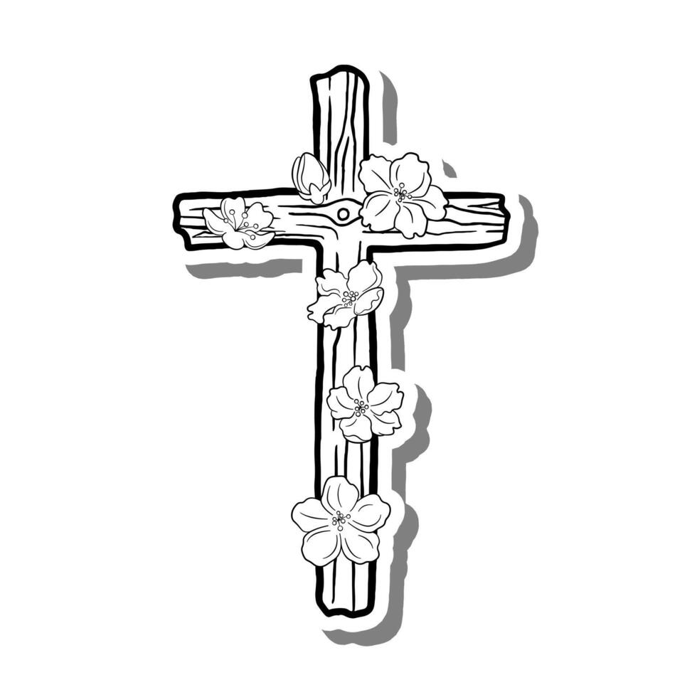 Flowers Wood Cross on white silhouette and gray shadow. Hand drawn cartoon style. illustration for decorate and any design. vector