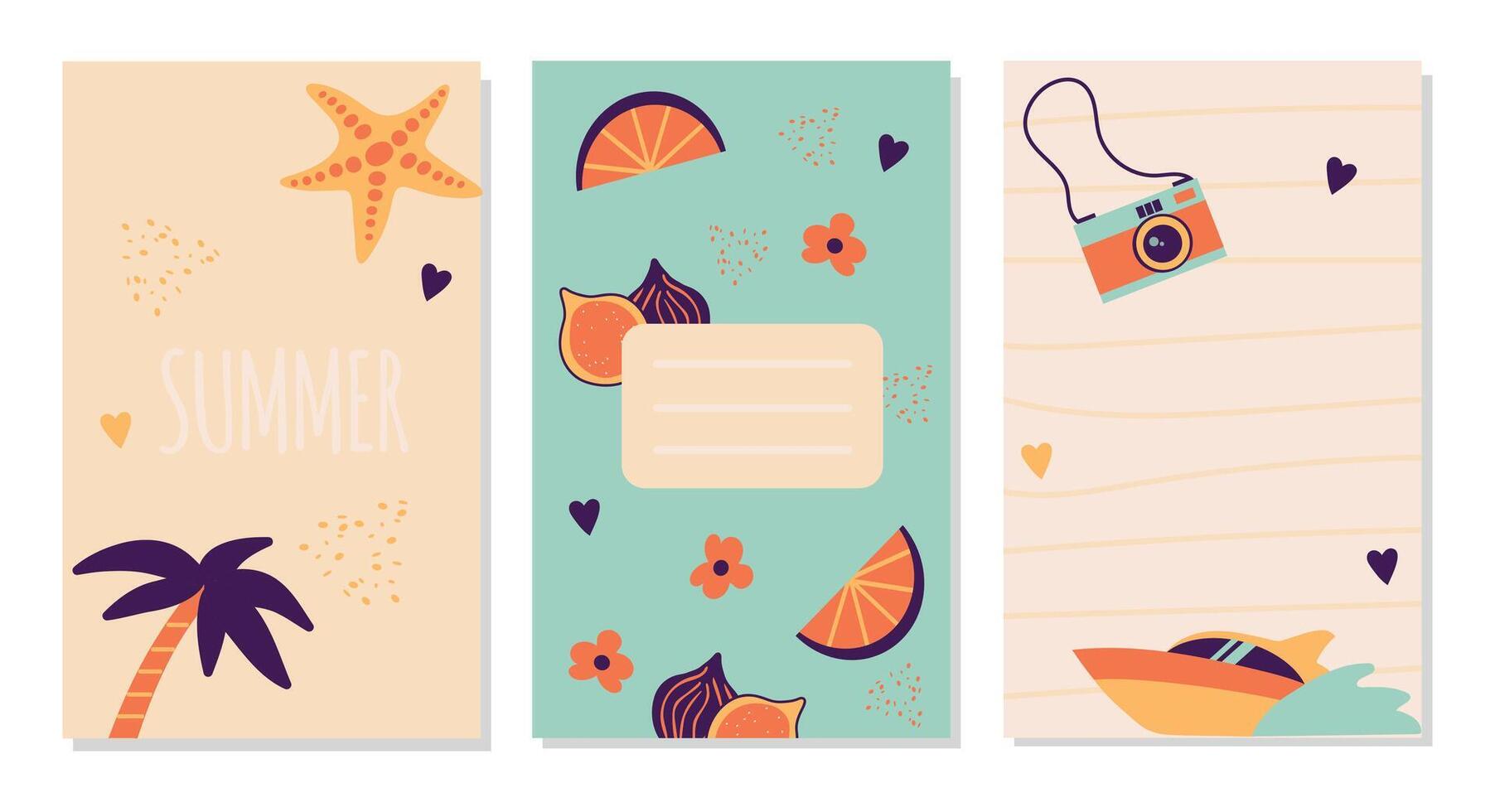 Set Summer Vacation Beach Backgrounds with palm, star fish, fruits, camera, speed boat elements for sales, cover, card, banner vector