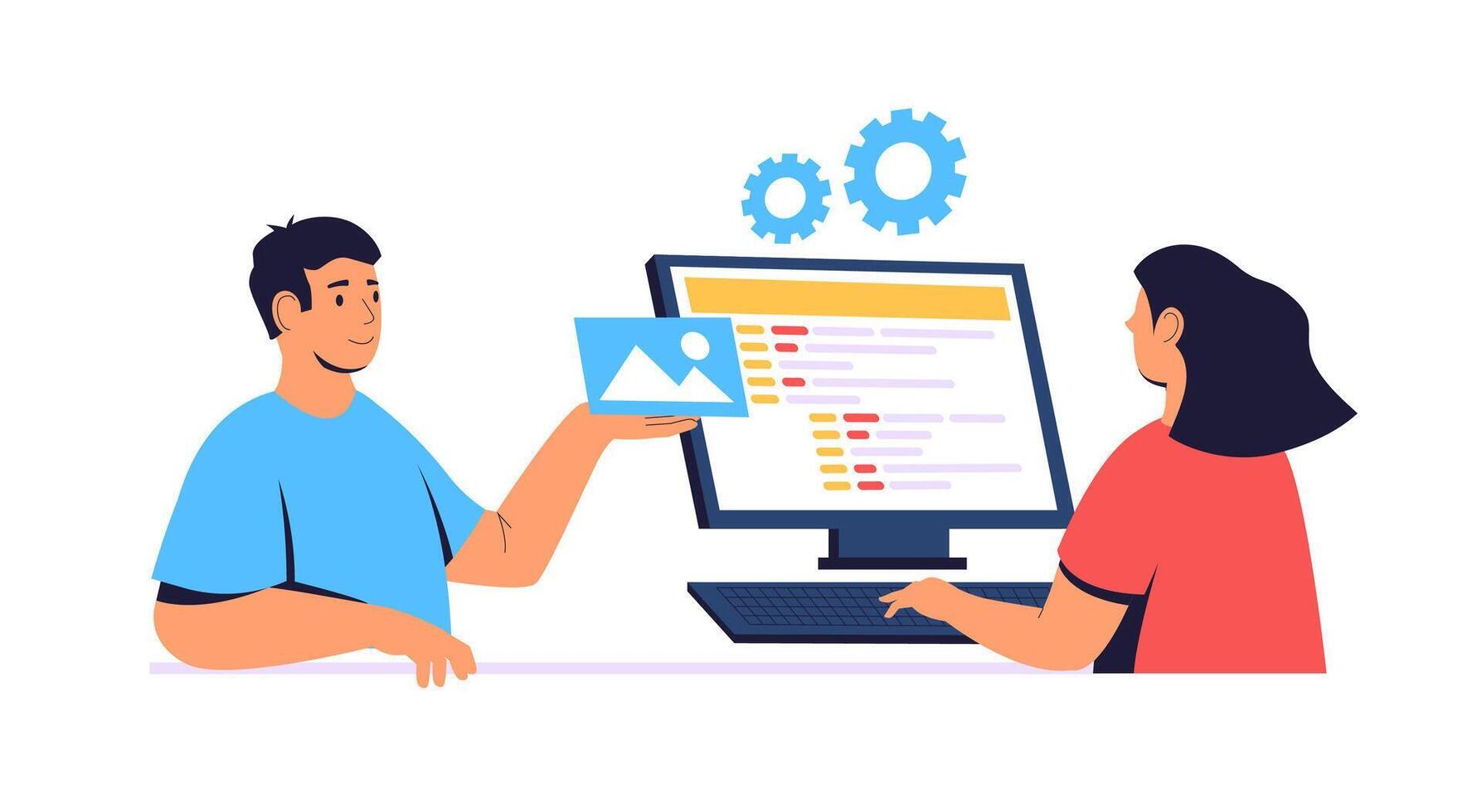 Two web developers are creating a mobile web page, one is adding an image while the other is writing code on the computer with gears symbolizing settings vector