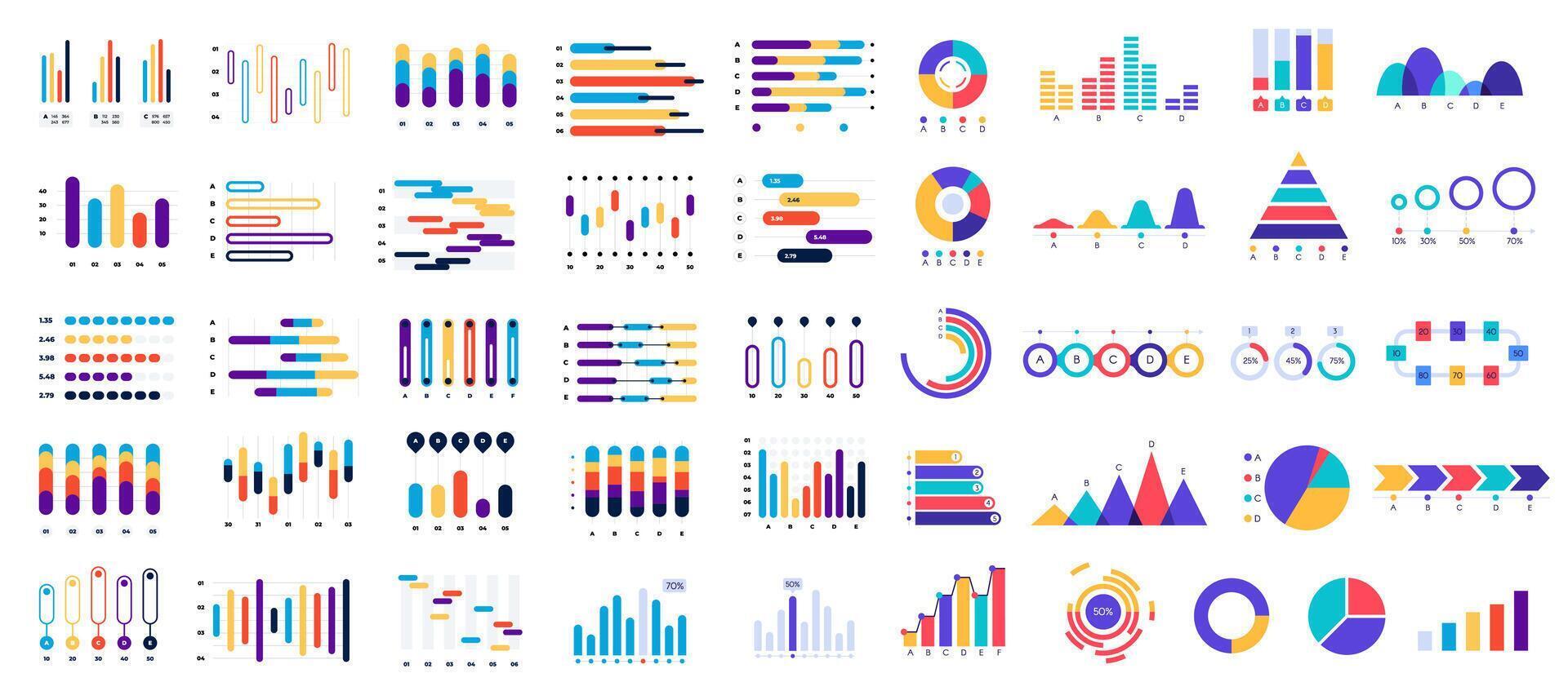 Collection of various colorful charts and diagrams presenting statistical data analysis with bars, lines, pies, pyramids and other graphic elements for business reports and presentations vector