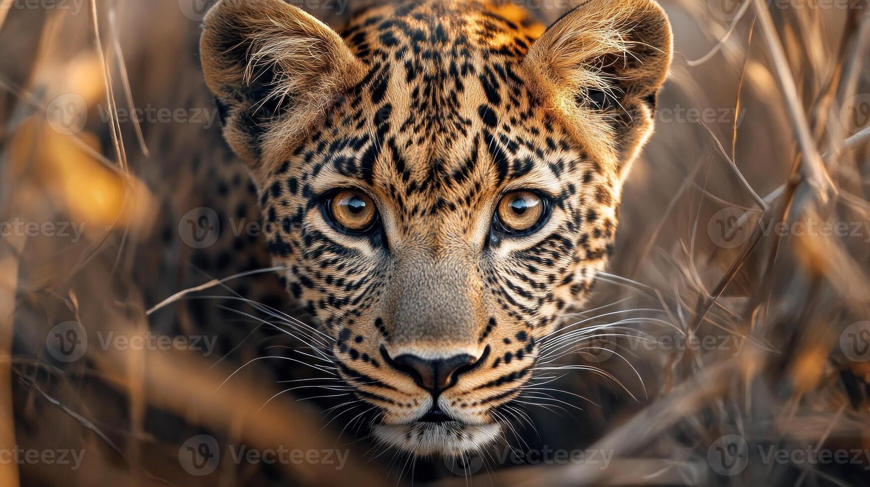 Close-up of a Leopard's Face with Golden Eyes Peeking Through Tall Grass photo