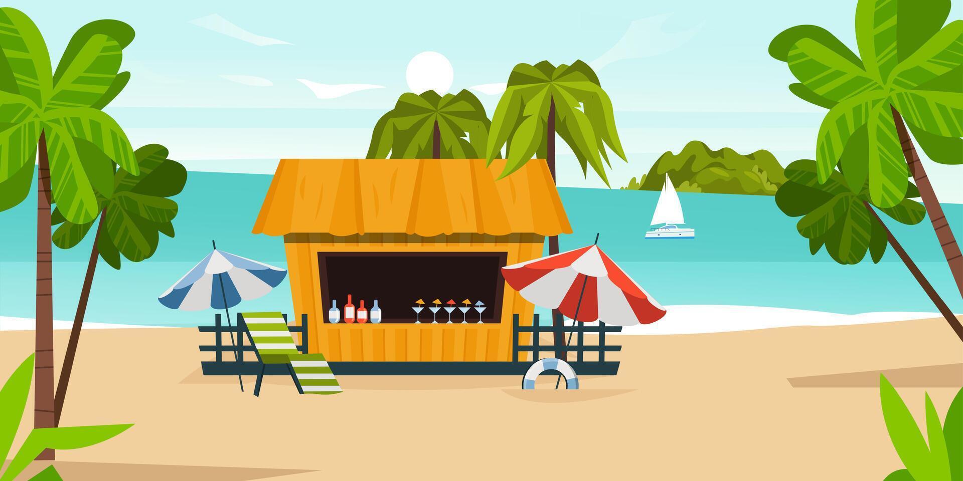 Cartoon tropical landscape with sand, water, palm trees, beach bar, umbrellas, deck chair, lifebuoy and a sailing boat on the turquoise sea vector