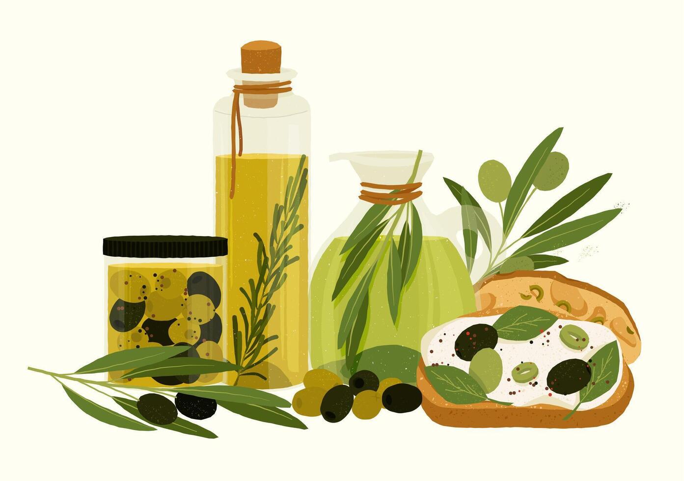 Glass bottle with olive oil, rosemary, jar of pickled olives, olive branch, carafe of olive oil, and bruschetta with cream cheese and olives composing a Mediterranean style still life vector