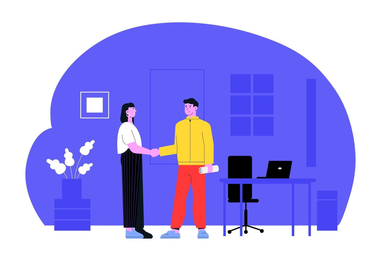 Two business people shaking hands after reaching an agreement during a meeting in a modern office with blue walls, a desk, a laptop and a plant vector