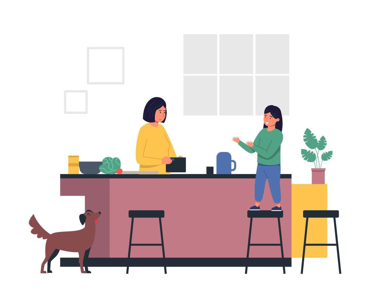 Family preparing dinner in a modern kitchen, with mother cooking while daughter helps from a stool, and their dog watching curiously, creating a warm atmosphere of togetherness vector