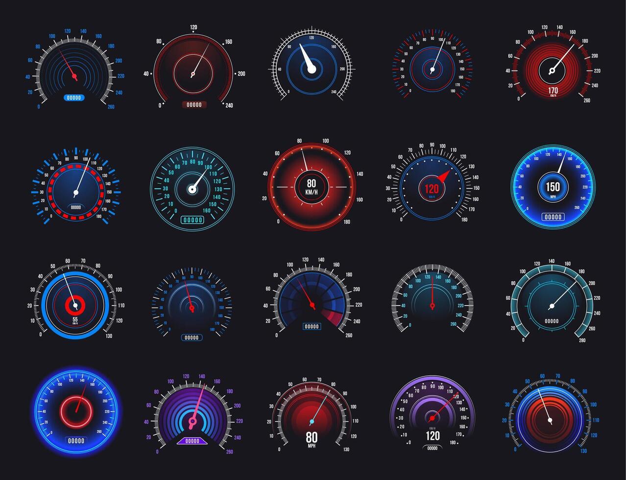 Set of speedometers and tachometers with different colors and values, measuring speed, distance, and engine rotations per minute on a vehicle s dashboard vector