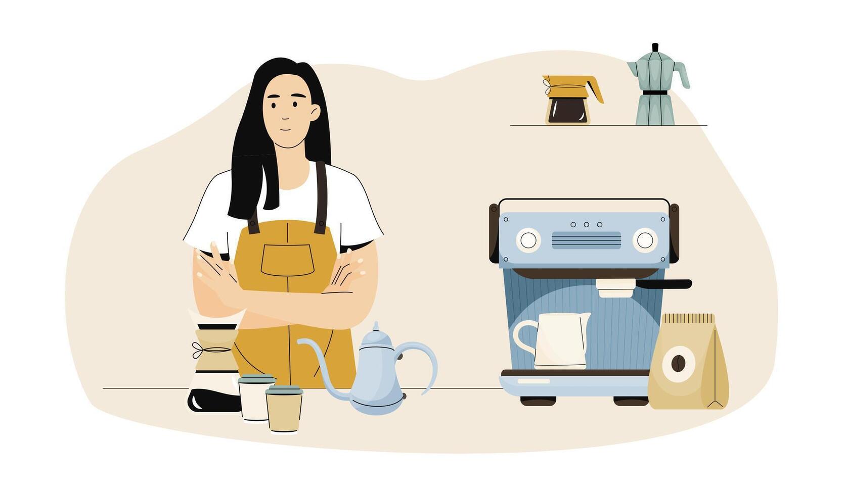 Barista in a yellow apron standing with arms crossed behind a coffee shop counter featuring a professional coffee machine, takeaway cups, and brewing equipment vector