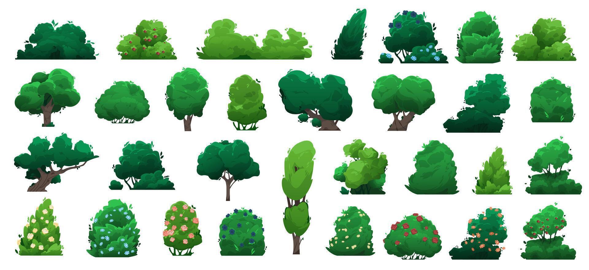 Different types of green trees and bushes forming a cartoon landscape, ideal for creating natural scenarios or adding greenery to illustrations vector