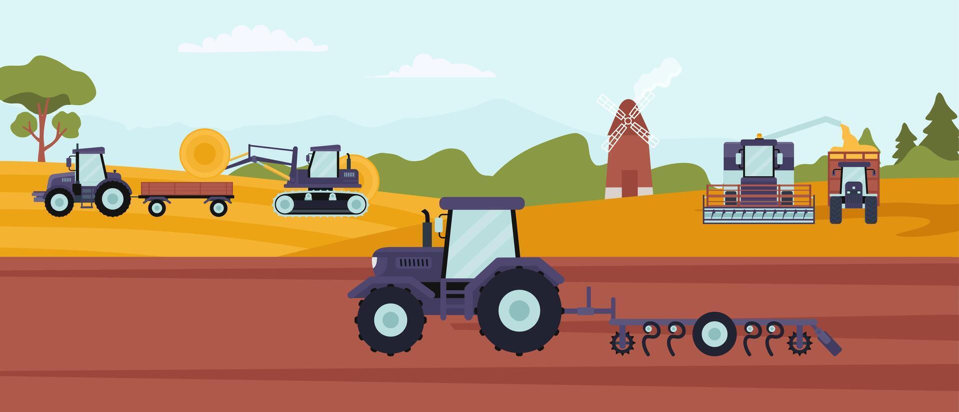 Agricultural machinery operating in a farm field, featuring a tractor plowing, a bulldozer moving hay bales, and a combine harvester unloading grain, with a windmill in the background vector