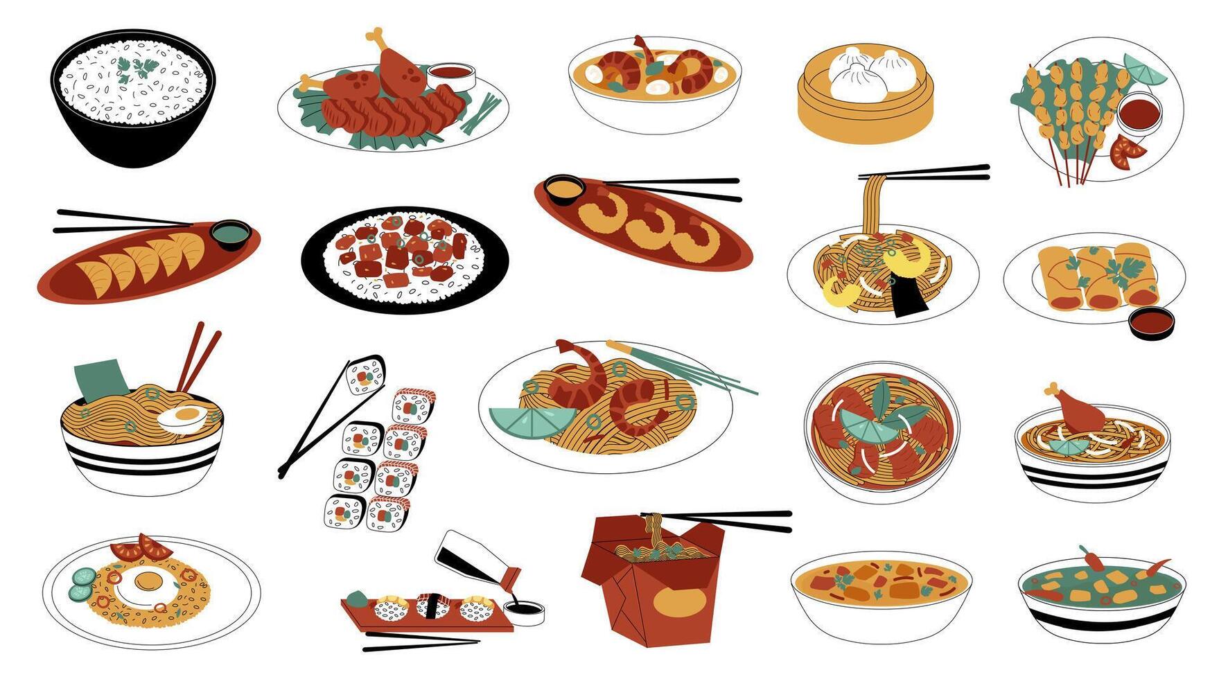 Asian cuisine dishes including ramen, sushi, rolls, rice, chicken and shrimps served on plates, bowls and take away boxes, drawing representing Japanese, Korean, Chinese and Vietnamese food vector