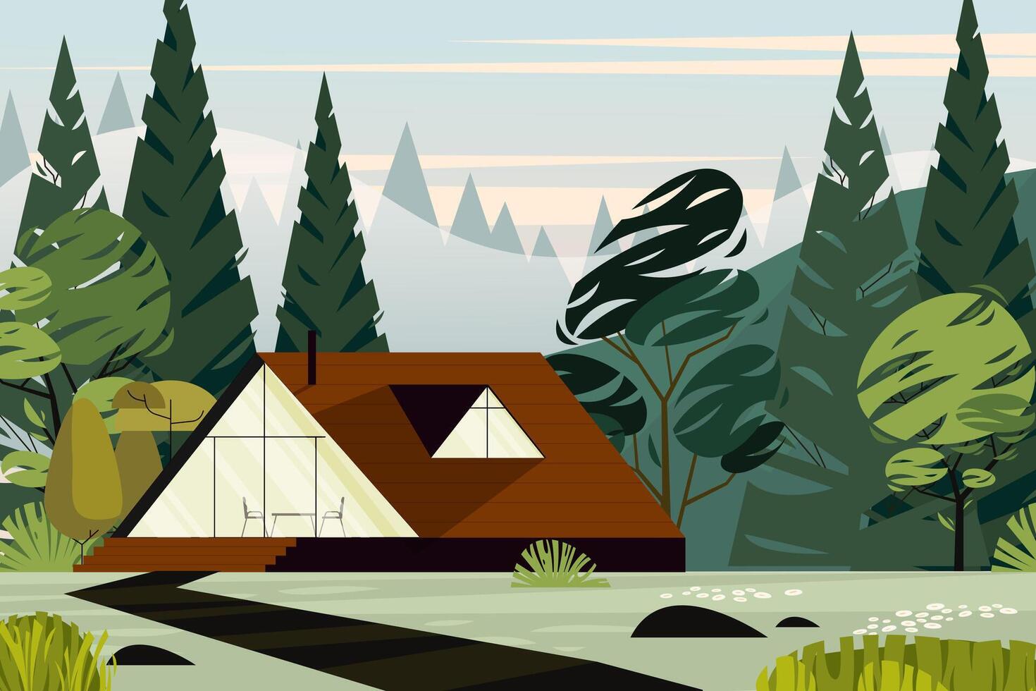 Luxury house with terrace and garden surrounded by trees and mountains, perfect for a relaxing holiday or weekend getaway in the quiet of nature vector