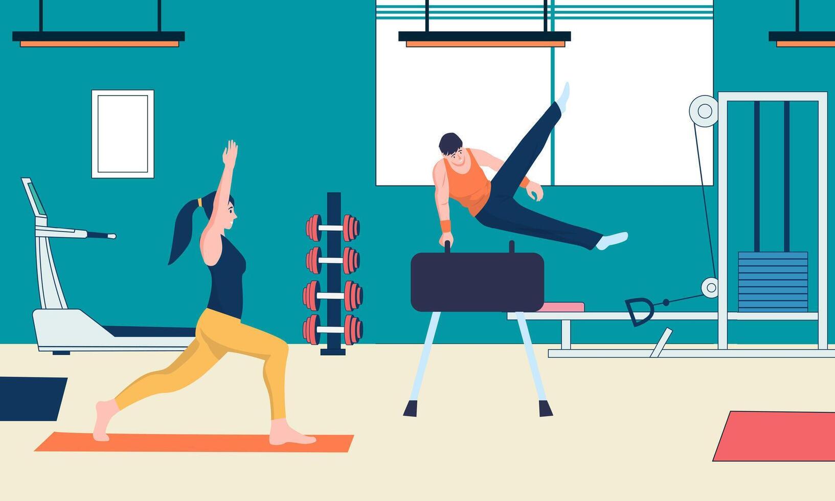 Gymnasts and yogis practicing in a vibrant gym filled with weights, treadmills, and cable machines, embodying a commitment to fitness, health, and an active lifestyle vector