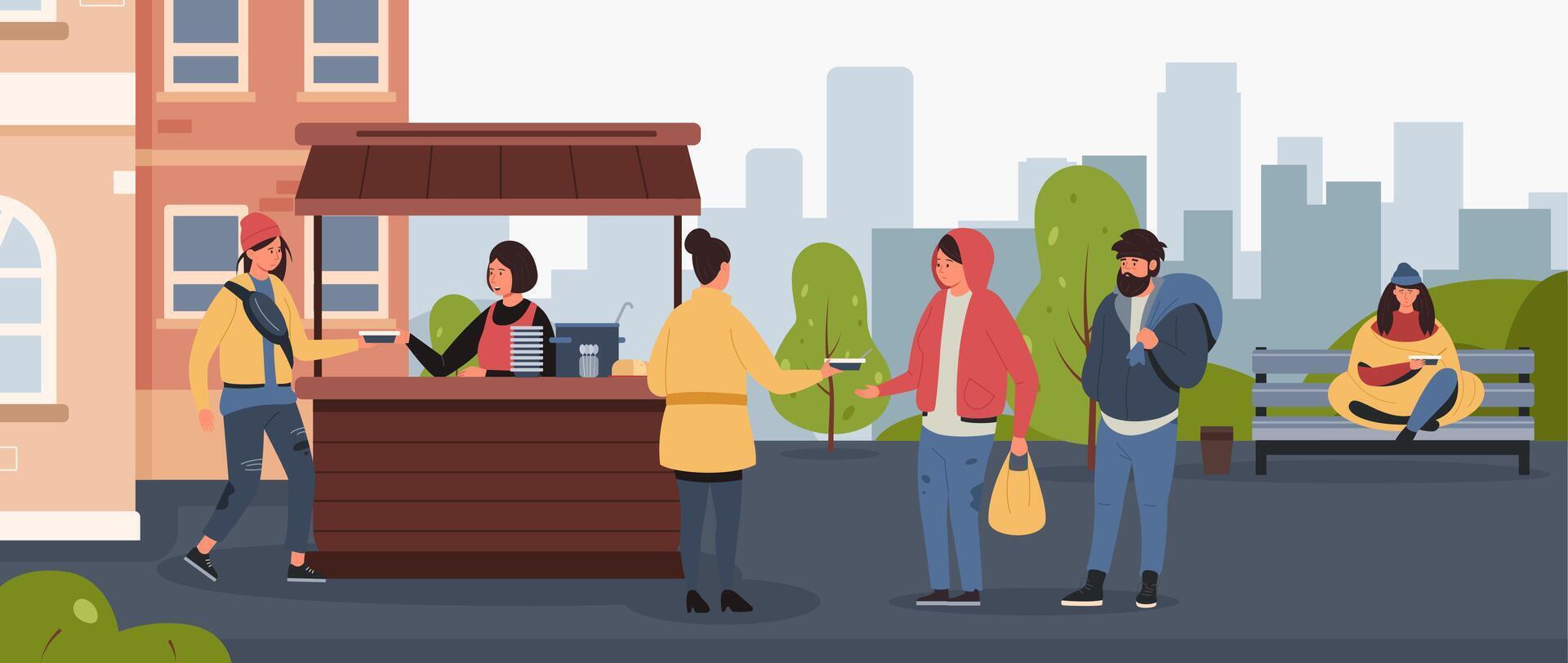 Volunteers serving hot meals from a food stall to homeless and low income individuals waiting in line in a bustling city park, fostering community support and kindness vector