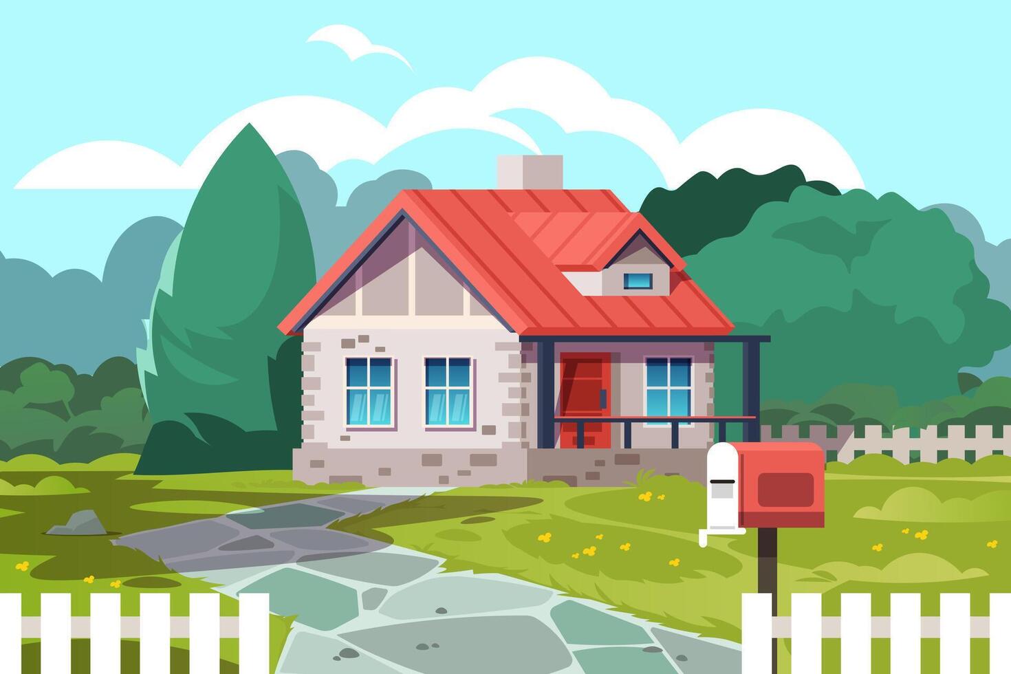 Idyllic suburban cottage featuring a charming red roof, lush yard, well kept lawn, inviting mailbox, and a classic white picket fence, embodying the essence of peaceful country living vector