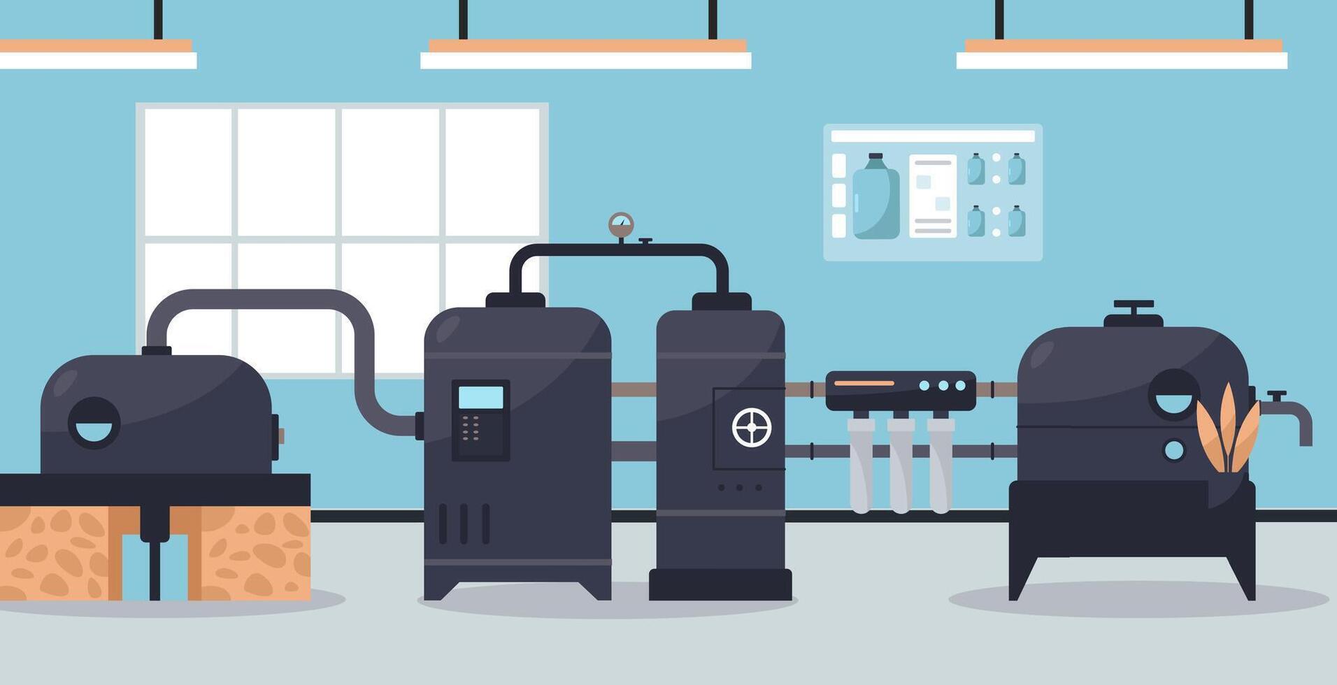 Water purification process taking place in a water treatment plant, featuring advanced machinery and technology for ensuring clean and safe drinking water production vector