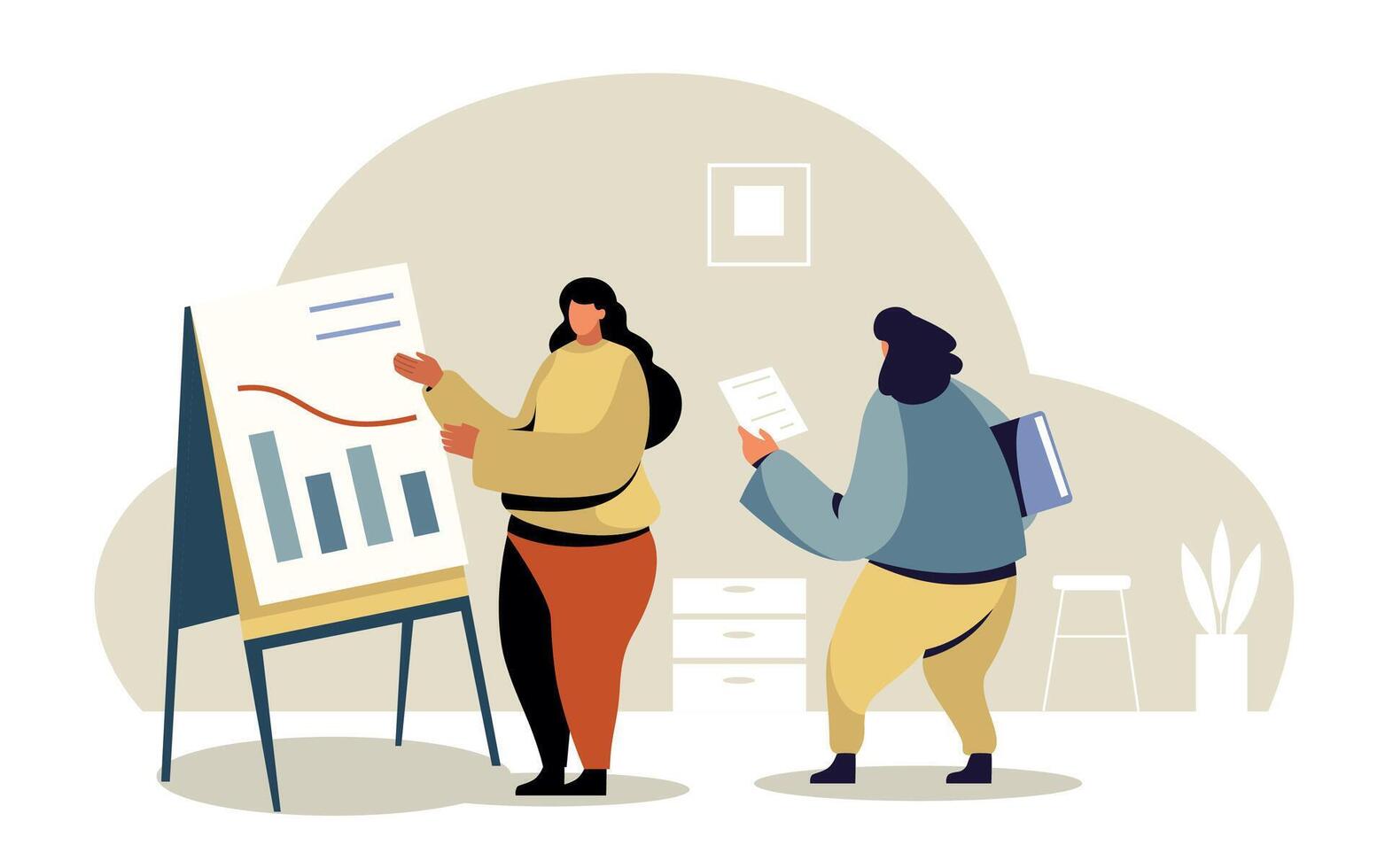 Two businesswomen are collaborating on a project, analyzing a financial chart displayed on a flip chart, one presenting data while the other reviews documents vector