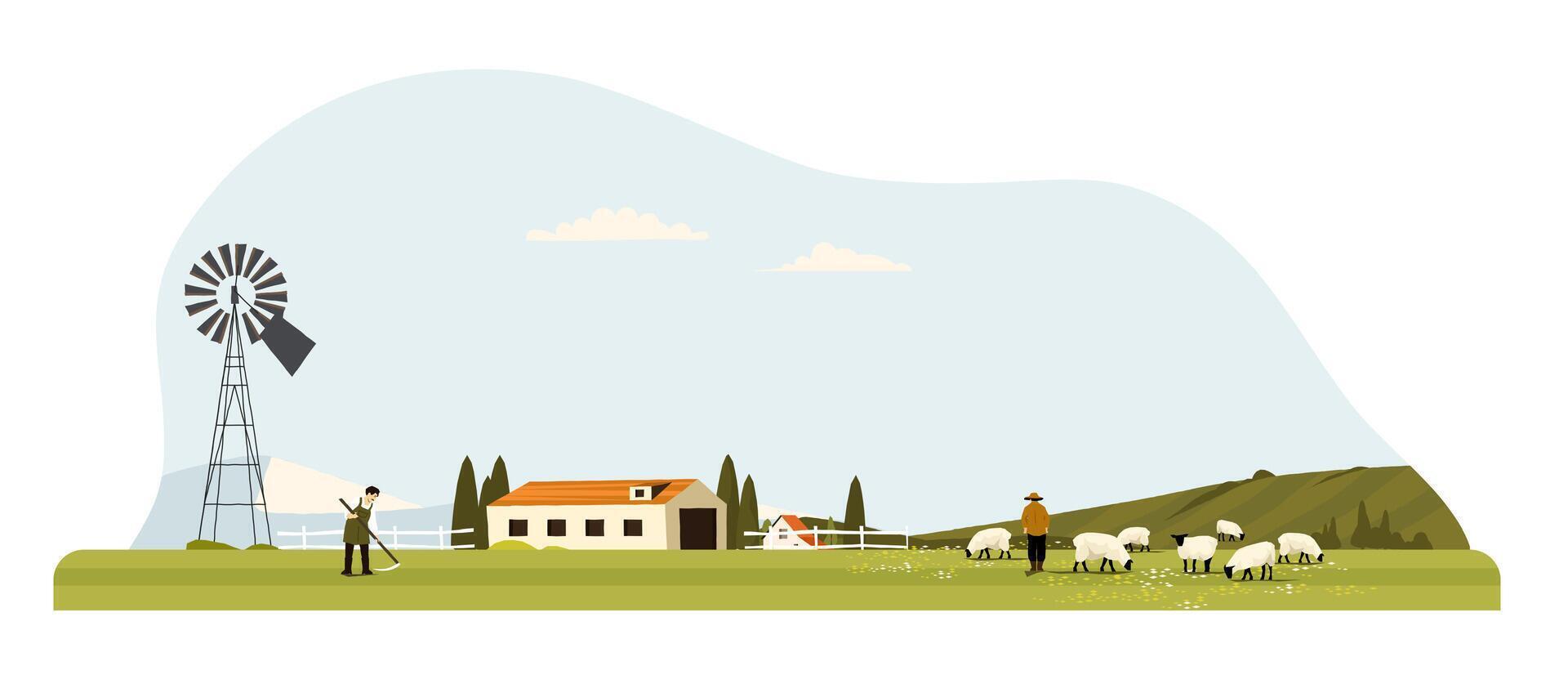 Idyllic farm landscape with farmers working, sheep grazing, a windmill providing power, and a farmhouse in the background depicting a sustainable and traditional agricultural scene vector